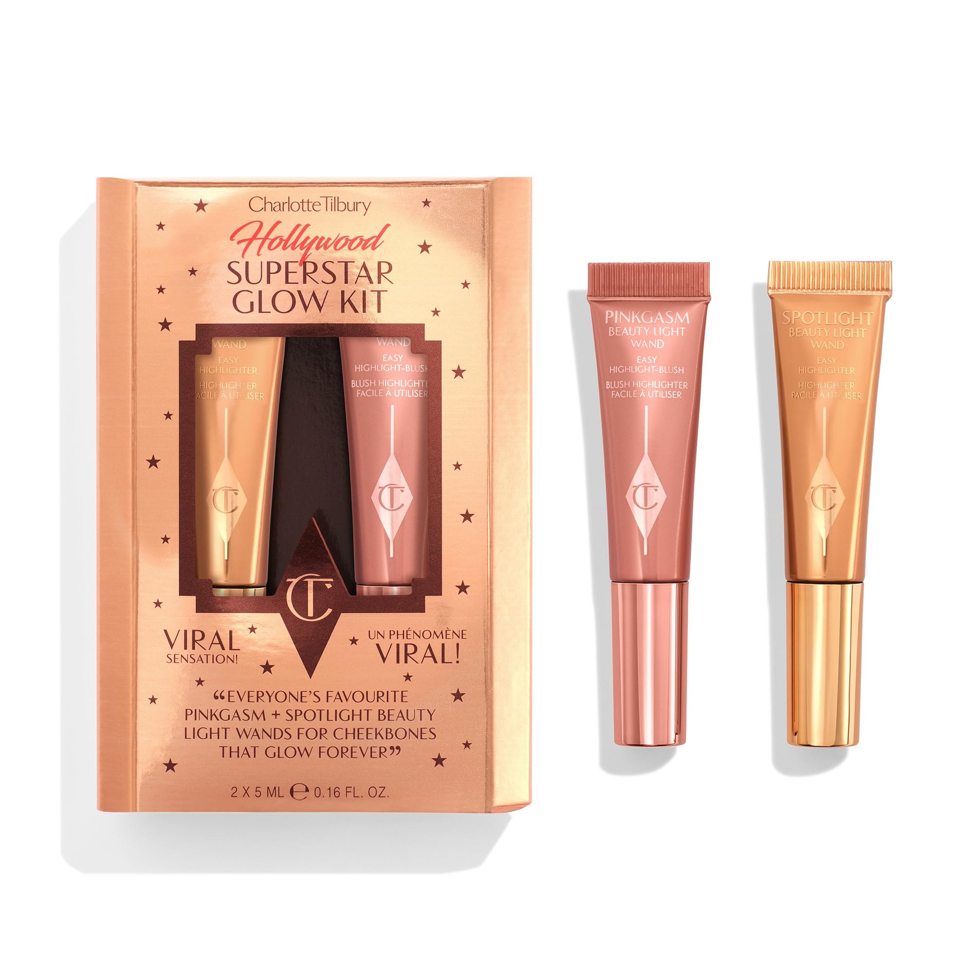 Charlotte Tilbury Hollywood Superstar Glow Makeup Kit - Limited-Edition Mini Beauty Light Wand Duo in Pinkgasm & Spotlight - Dewy Highlighter & Blush with Glow Gel Technology Image