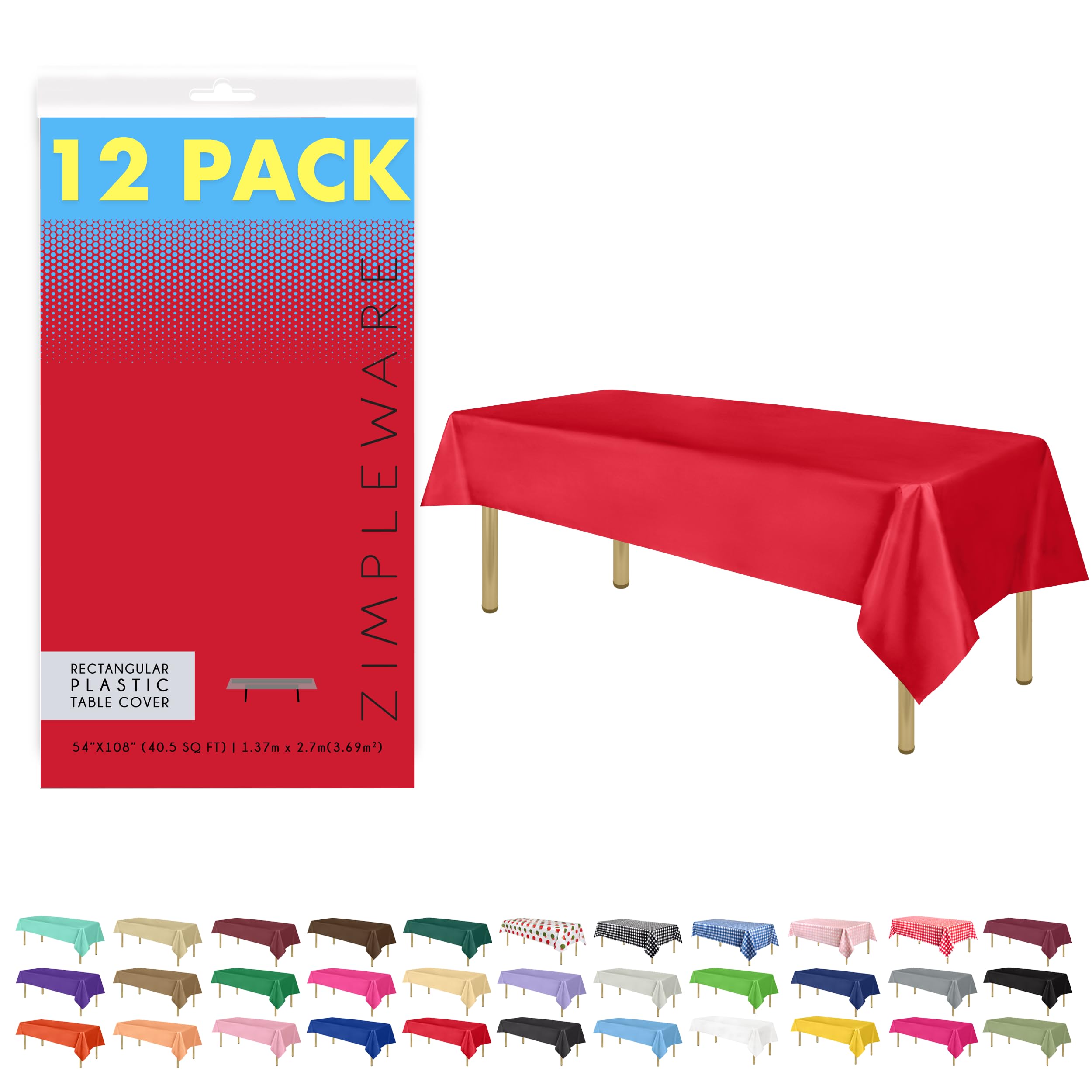 ZIMPLEWARE Red Standard Disposable Plastic Party Tablecloth [12-Pack] 54 x 108” Rectangle Table Cover for Indoor & Outdoor Use