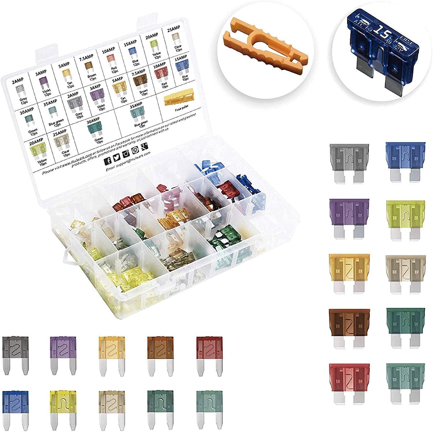 [UL LISTED] MulWark 220pc ClearMark Assorted Standard Auto Car Truck Blade Fuses Set- 2A 3A 5A 7.5A 10A 15A 20A 25A 30A 35A-ATC/APR/ATO+ATM Mini Automotive Replacement Fuse Assortment Kit w/A Puller: Automotive