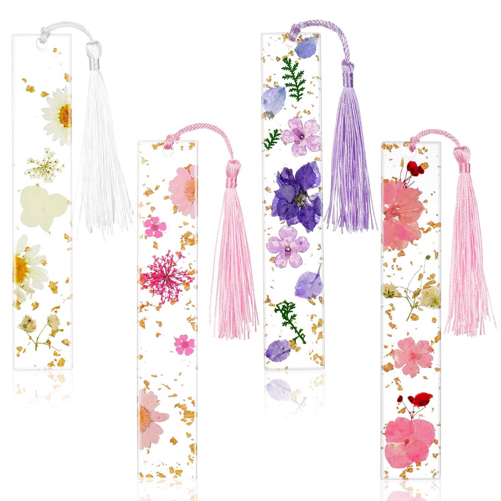 OFFCUP Dried Flower Resin Bookmarks, 4pcs Pressed Flower Bookmark, Transparent Pressed Floral Reading Page Markers with Tassel Daisy Book Markers for Students Bookworms Increase Reading Interest