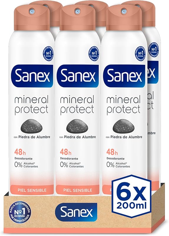 Sanex natur protect desodorante spray, embalagem 6 unidades x 200ml, proteção 24h contra mau odor, com pedra de alúmen, álcool 0%, sem alérgenos ou corantes, pele sensível