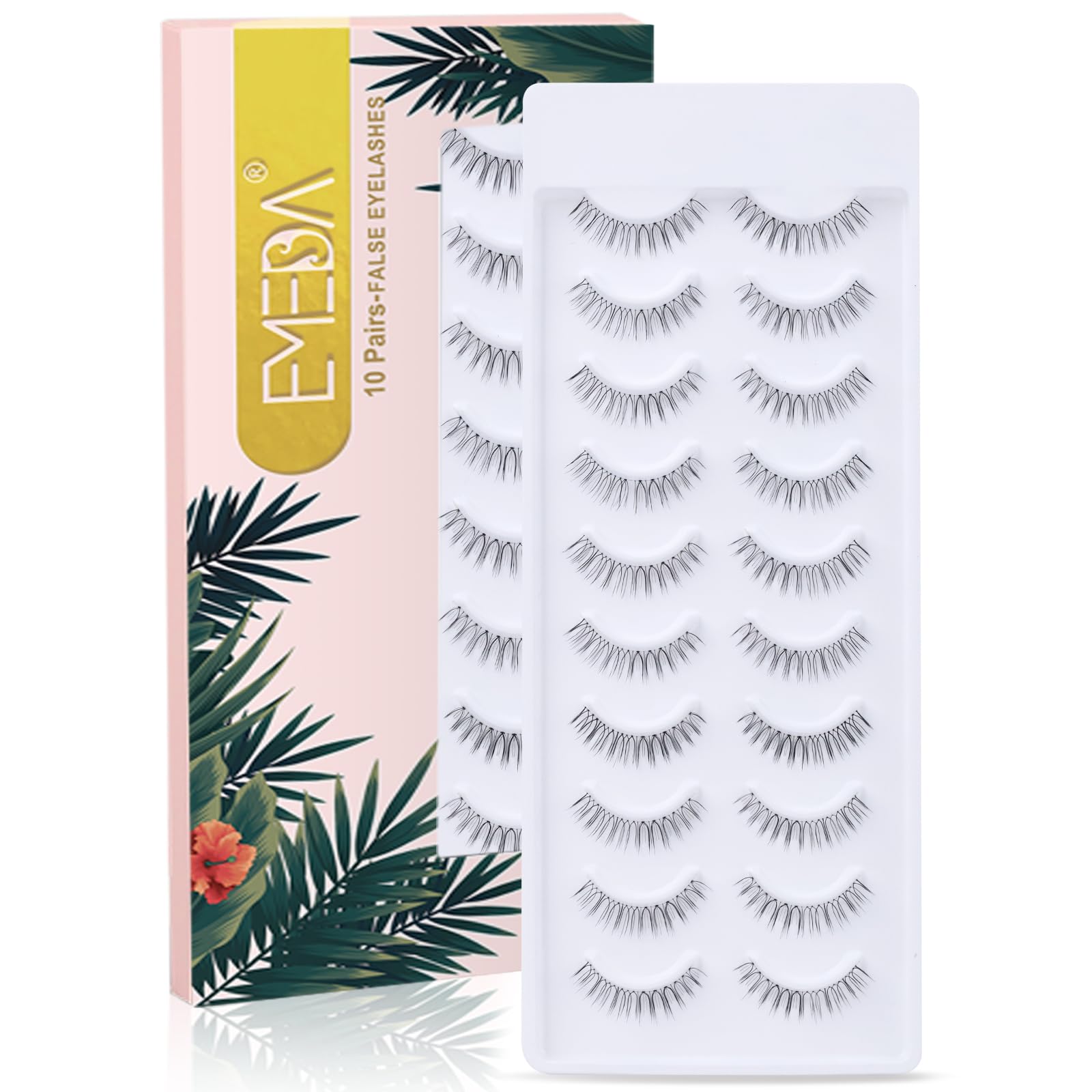 Natural Look False Eyelashes 10 Pairs 100% hand-tied Short Lashes Length 9-11mm Transparent Invisible Band Fake Eye Lashes Strip Natural Faux lashes (A43)