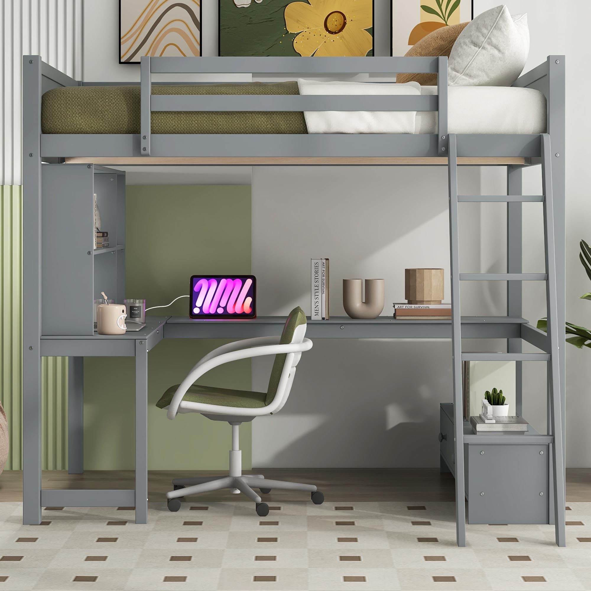 Photo 1 of (box 2/2)
Ball & Cast Full Size Loft Bed with L-Shaped Multi-Storage Desk and LED Light and USB Charging Station,Full Bed Frame w/Storage Bench,Safety Guard & Ladder,No Box Spring Needed,Grey