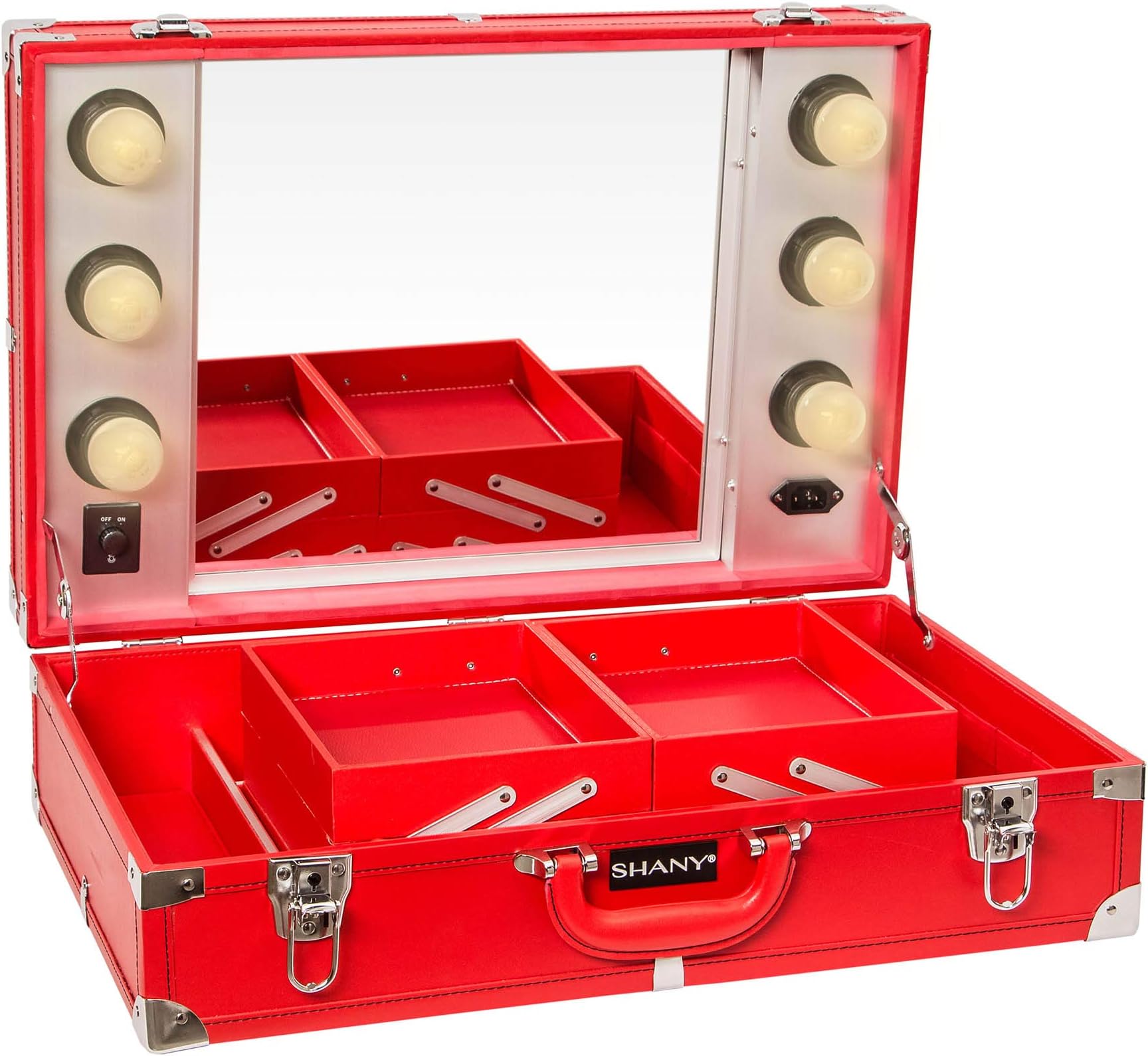 SHANY Studio To Go Tabletop Mirror Makeup Station - Makeup Case with Dimmable LED Lights Included and Carrying Handle - RED