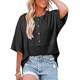 Dokotoo Womens Waffle Knit Tops 2026 Fashion 3/4 Sleeve Casual Button Down Shirts Crew Neck Oversized Patchwork Blouses