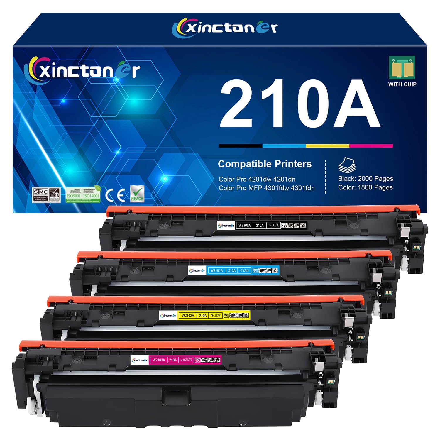 Photo 1 of 210A Toner Cartridges 4 Pack (with Chip) Replacement for HP 210A 210X Toner High Yield Work with Color Laser jet Pro MFP 4301fdw 4301fdn Pro 4201dw 4201dn Series Printer W2100A Toner (BK/C/M/Y)