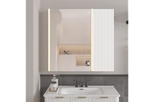 BONITURE Lighted Bathroom Medicine Cabinet with Mirror，30 x 28 Inch Wall-Mounted Bathroom Wall Cabinet with Storage, LED Ligh