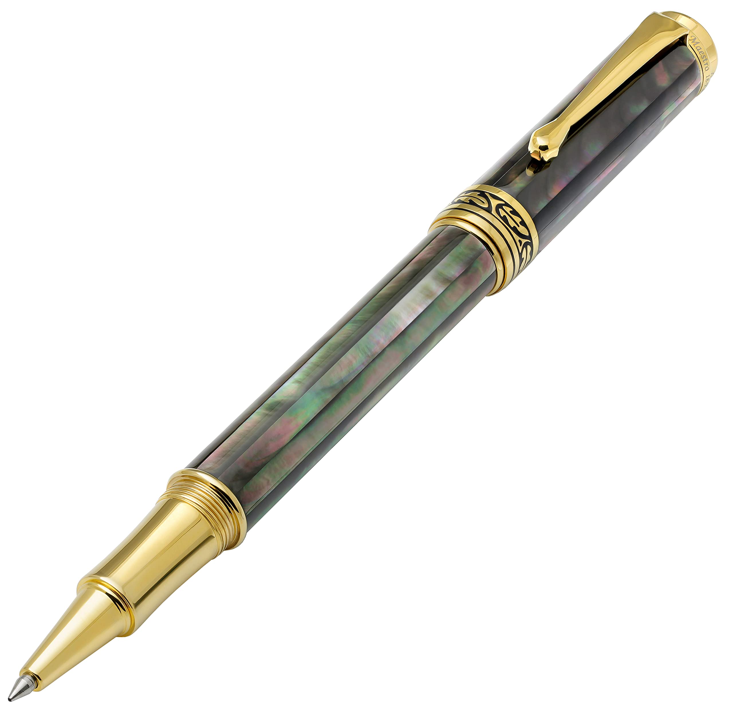 Xezo Maestro Rollerball Pen, Fine Point. Oceanic Tahitian Black Mother of Pearl Inlay. 18 Karat Gold and Titanium Plated. Handcrafted, Limited Edition, Serialized — image 1