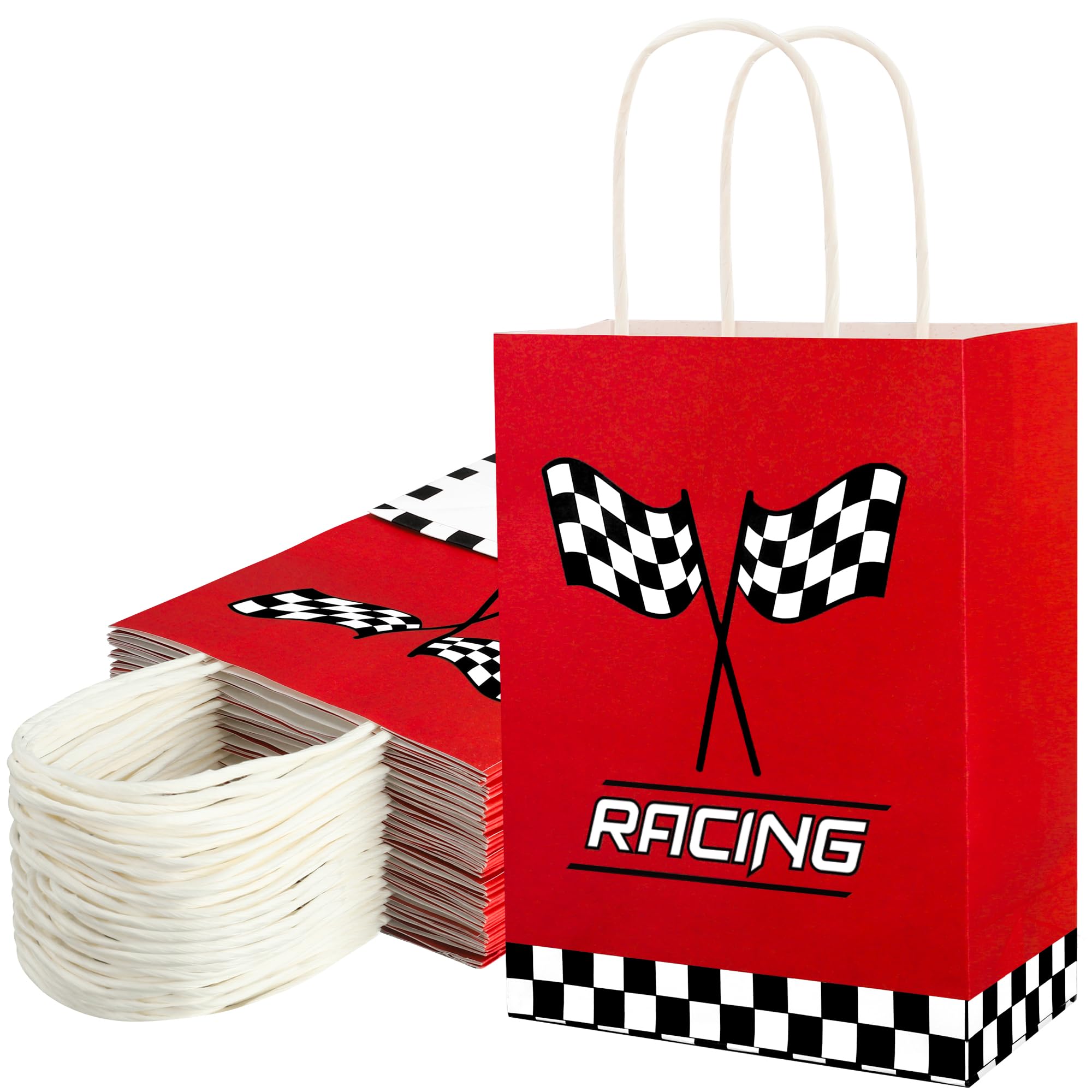 Photo 1 of 24 PCS Race Car Gift Bags Checkered Racing Flag Treat Bags Race Car Themed Party Favors Goodie Candy Paper Bag with Handles for Racing Themed Birthday Party Supplies