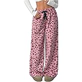 SHENHE Women's Fuzzy Leopard Print Pajama Pants Wide Leg Baggy Y2k Plush Lounge Trousers