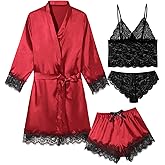QLVKYW Womens 4 Pcs Lingeries Silk Pajamas Robes Set Sexy Pjs Cami Shorts Satin Sleepwear Lace Loungewear