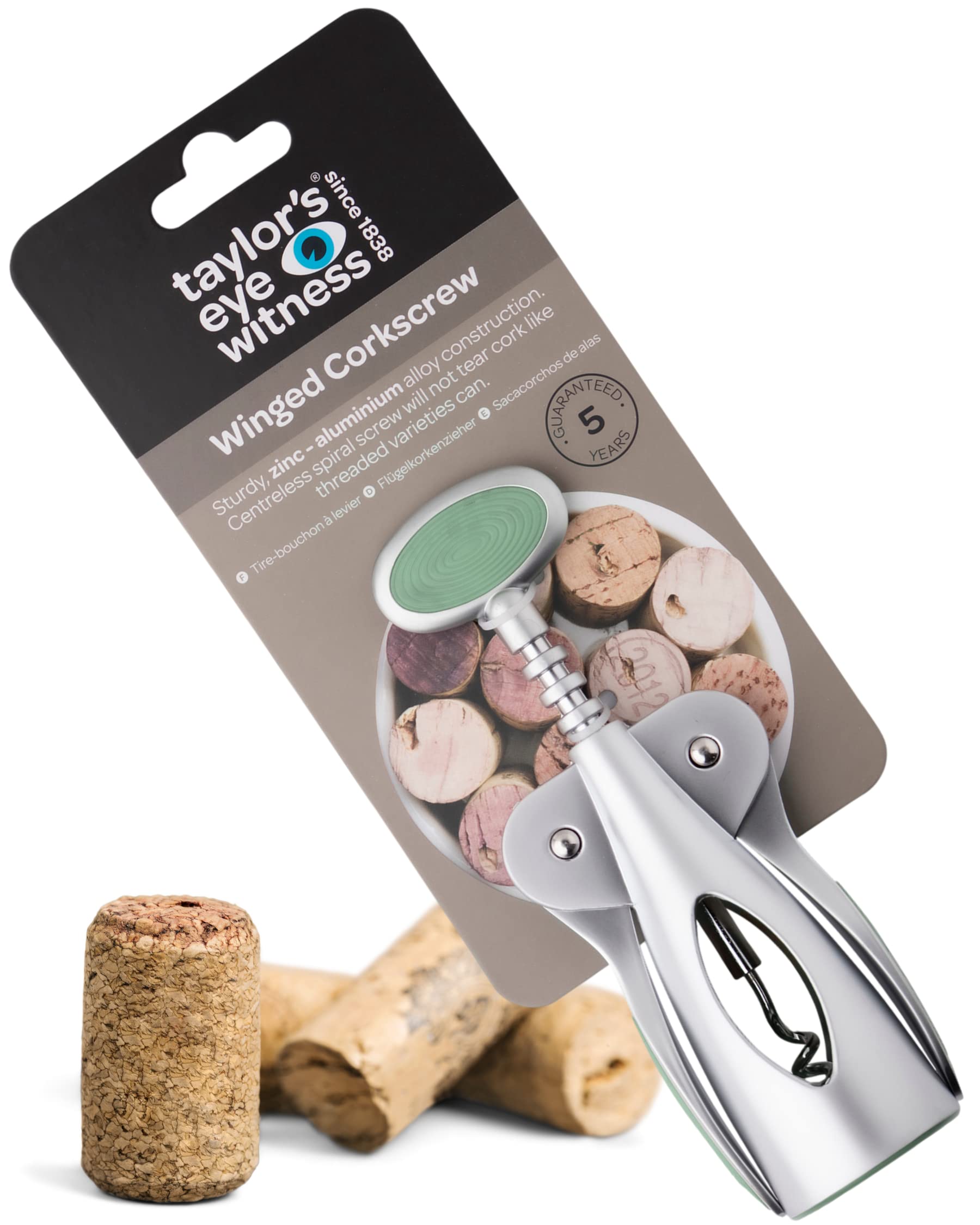 Spiral Corkscrew Wine Bottle Opener- by Taylors Eye Witness, Easy to Use, Guaranteed to Cleanly Remove Cork Without Tearing, Dishwasher Safe, Essential Kitchen Gadget for Wine Lovers, Lichen Green