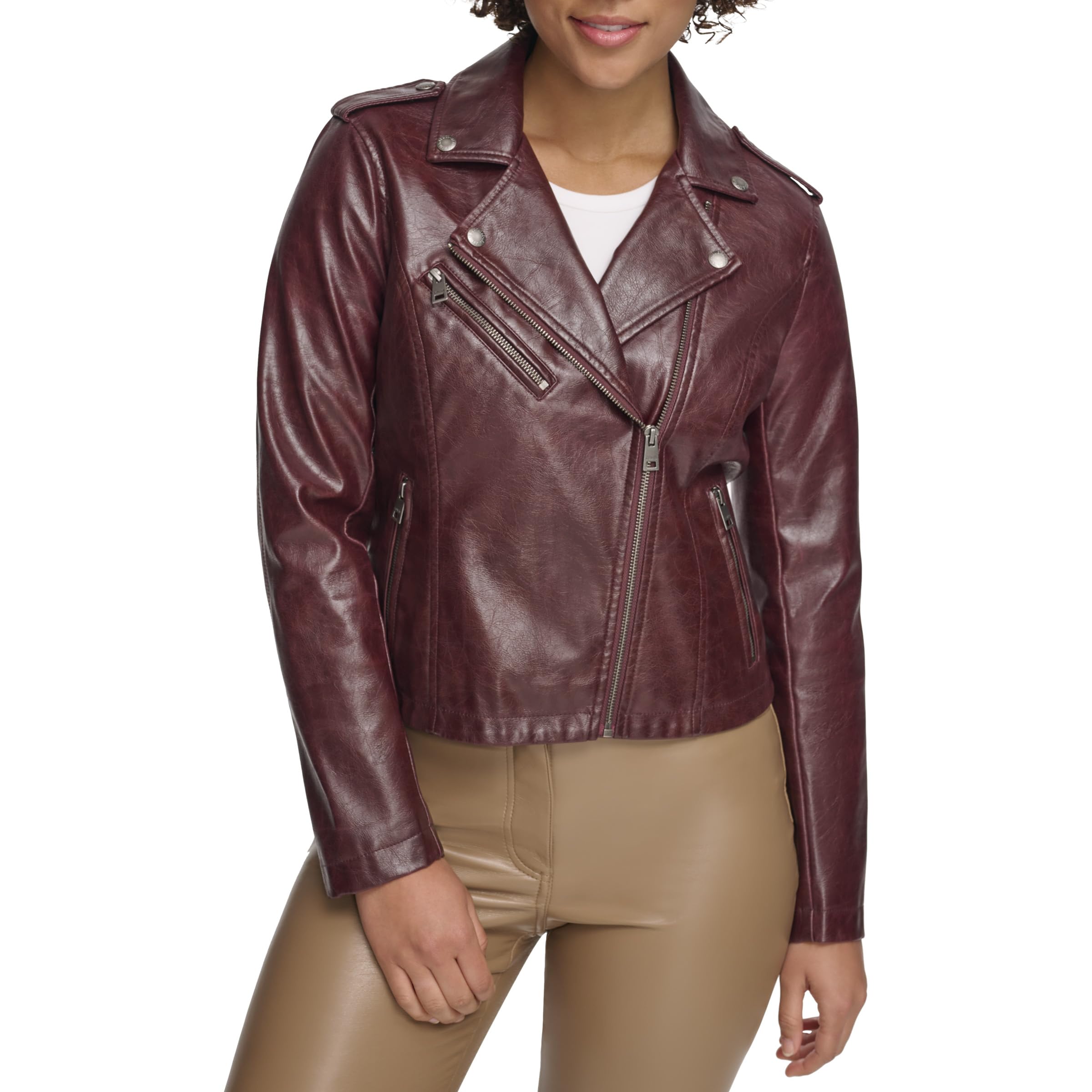 Levi's Women's Faux Leather Classic Asymmetrical Motorcycle Jacket, Oxblood Gloss PU, XX-Large Image