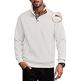 Herberton Men Fashional Full Sleeve Pullover Trendy Durable Sweater Thick Quarter Button Pocket Ribbed Corduroy Classic Warm Fluff Stand Collar Elbow Patches Thermal Shirts White - Stripe S