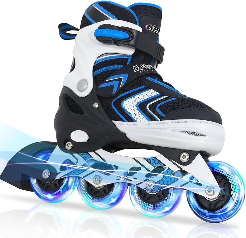 Nattork Adjustable Inline Skates for Boys Blue 4 Size 8 Wheels Light Up