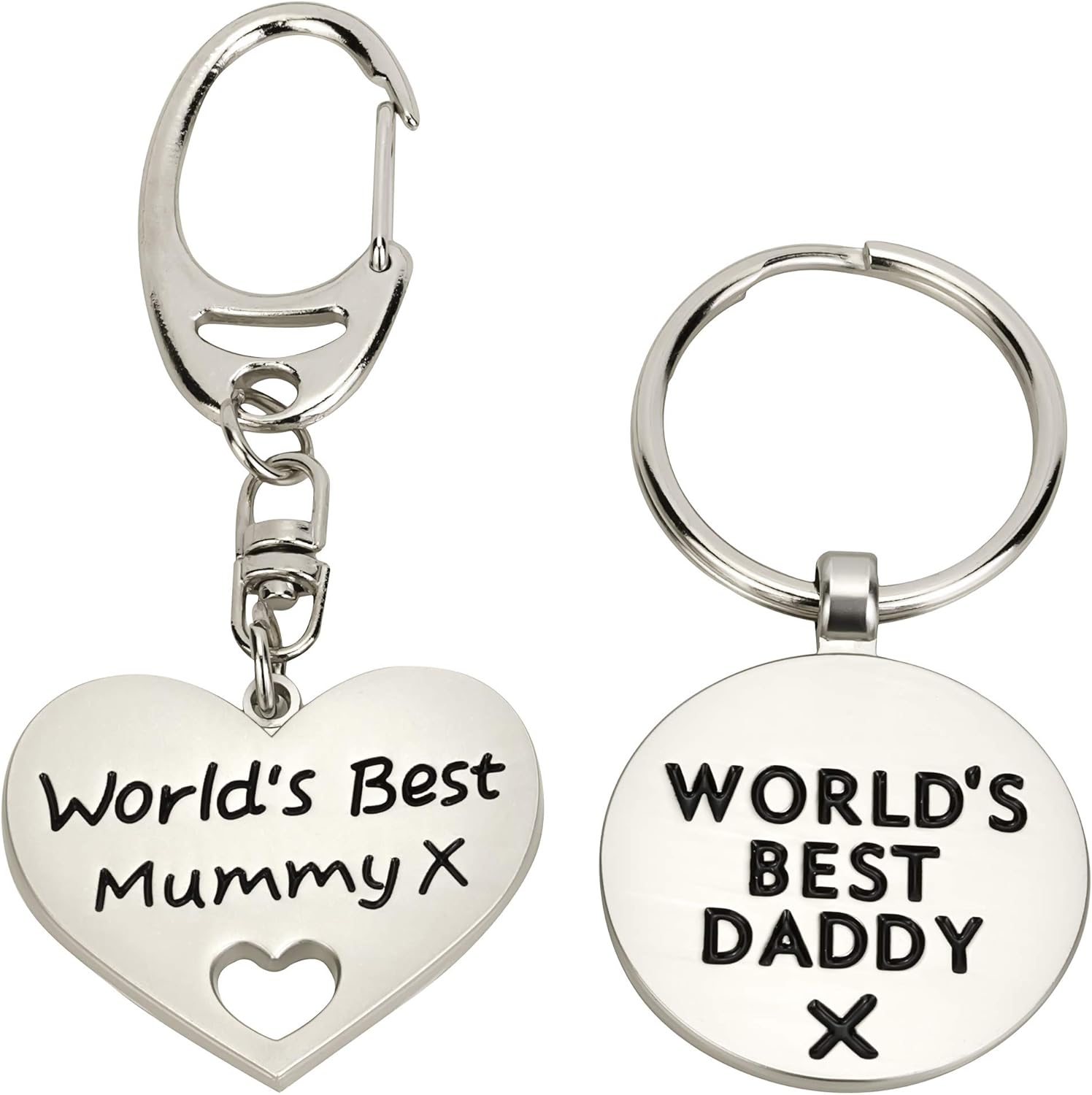 Mummy & Daddy Cute Keyring Set - World's Best Mummy & World's Best Daddy Metal keyrings in Gift Pouches, Silver