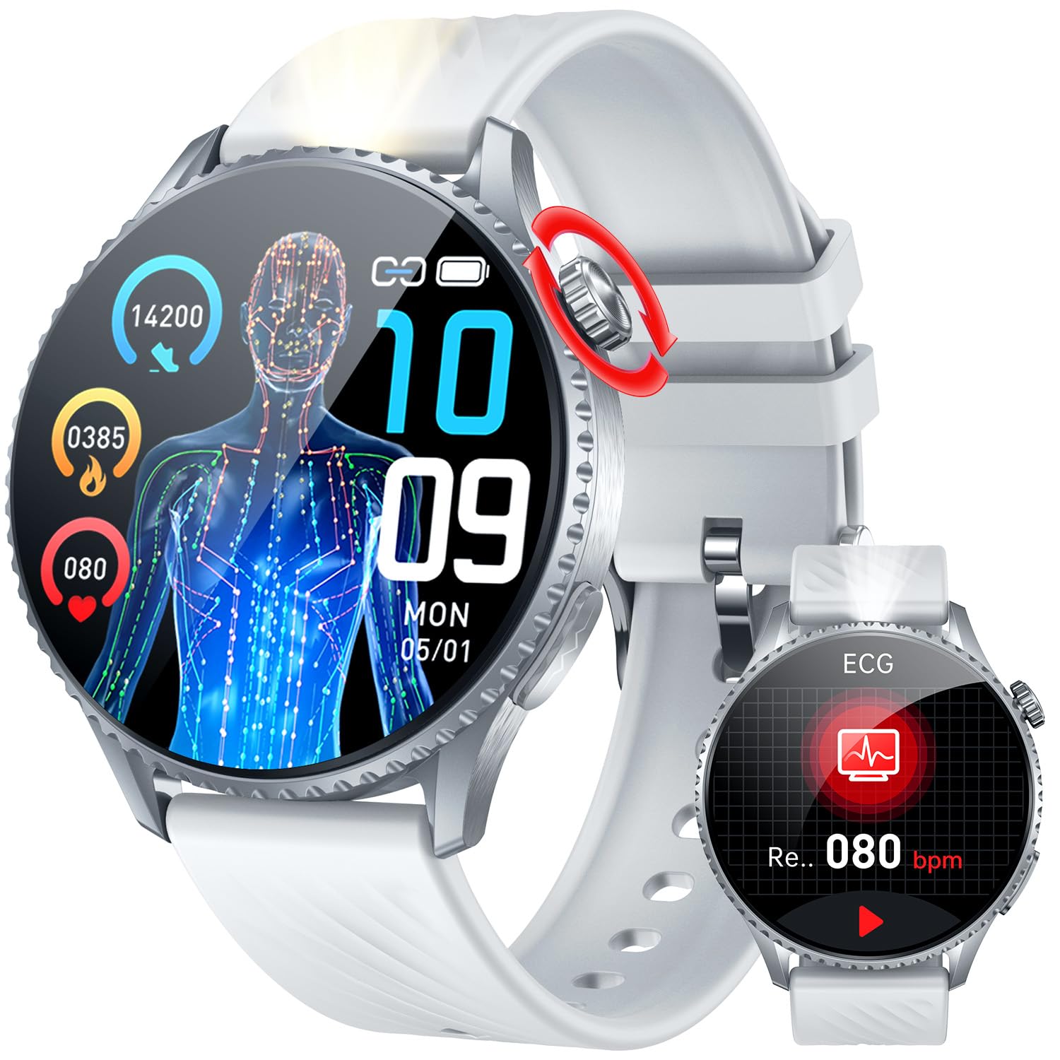 Men's Smartwatch with ECG + HRV Fitness Watch: 1.56 Inch AMOLED Bluetooth Phone Function Smart Watch with 24H Heart Rate Blood Pressure Sports Watch with LED Torch Fitness Tracker Watches Compatible