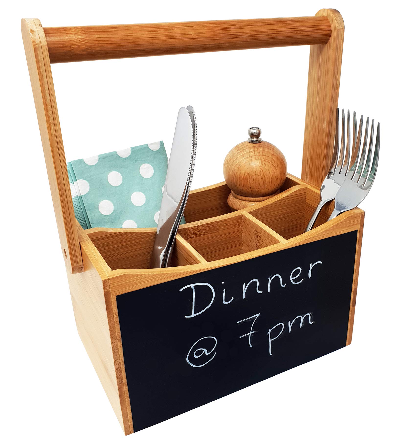 CherryTreeHouse Cutlery Caddy/Utensil Holder | 4 Compartments for Cutlery & Condiments Organiser | Carry Handle with Chalk Board | Perfect for Home/Restaurant/BBQ | Ideal Present