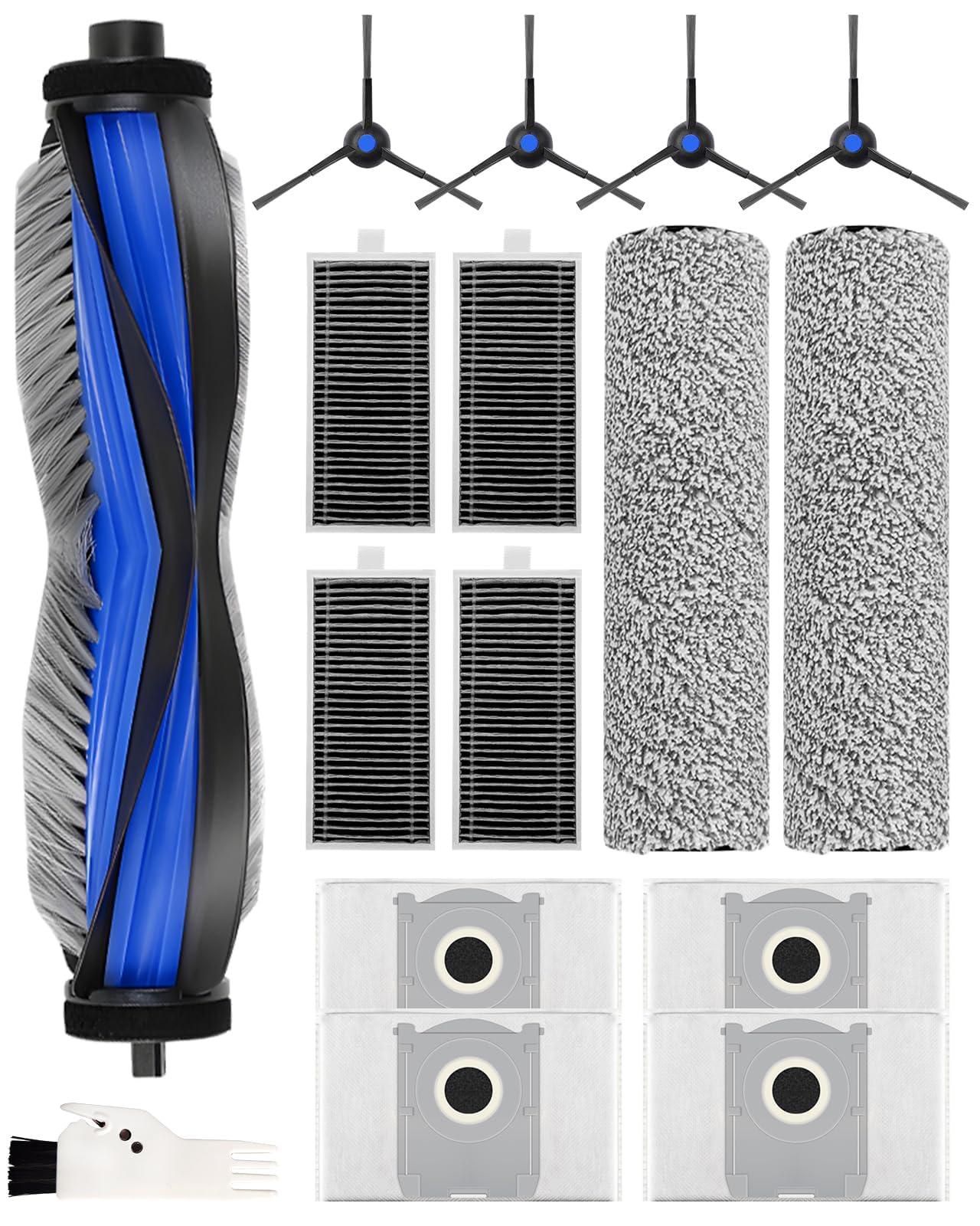 Photo 1 of 16 Pack Accessories Kit for ECOVACS DEEBOT X8 PRO OMNI/YEEDI S14 PLUS Robot Vacuum, Replacement Parts with 1 Anti Tangle Main Brush, 2 Roller Mops, 4 Dust Bags, 4 Side Brushes, 4 HEPA Filters, 1 Brush