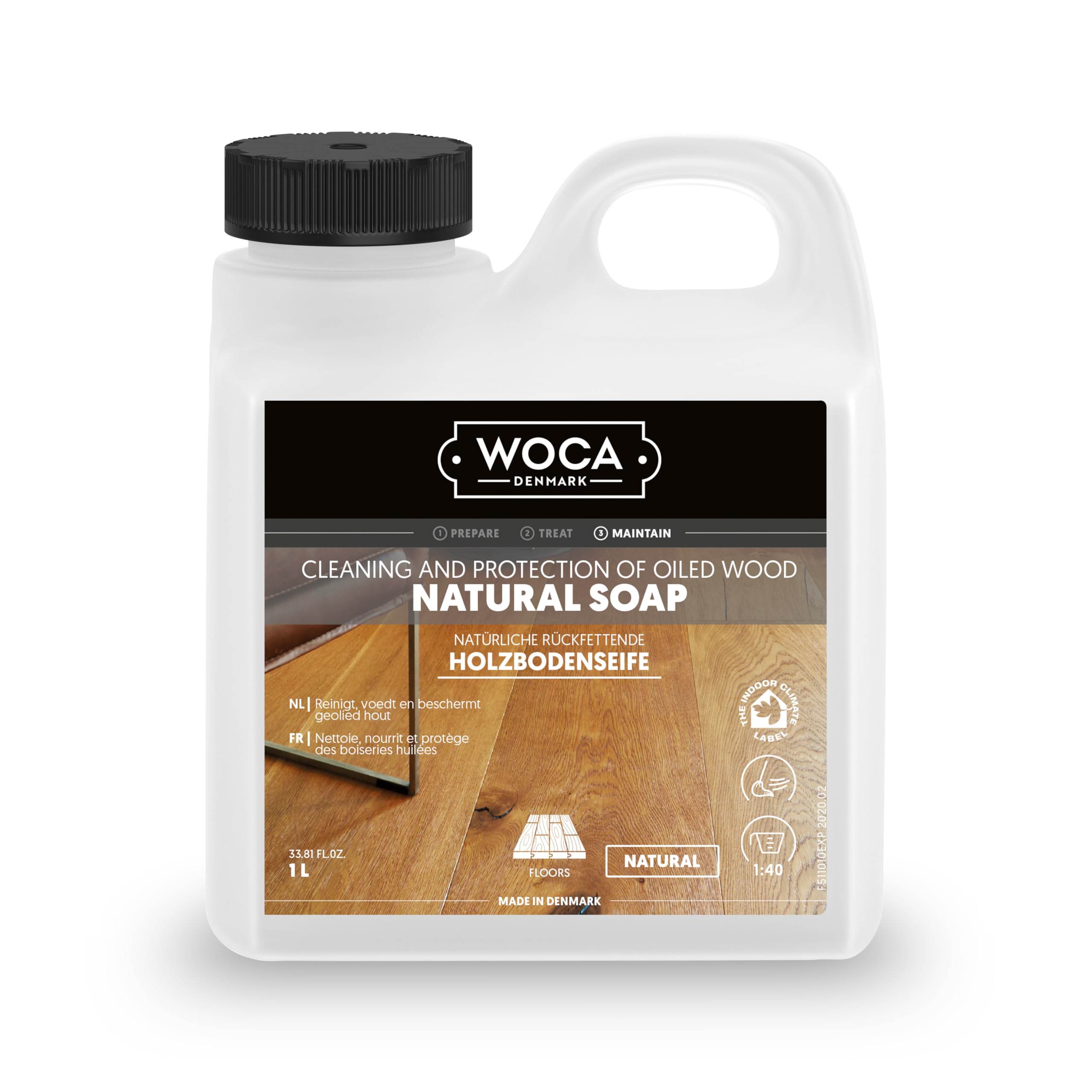 WOCA Natural Soap 1 liter (natural color) effective ph neutral heavy duty ecofriendly durable odorless plant-based soap, ideal for wooden floors, furniture, table tops and all other natural surfaces