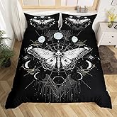 Death Moth Duvet Cover Set King Size Galaxy Sun and Moon Comforter Cover Boho Gothic Skull Bedding Set 3pcs for Kids Boys Teens Room Decor Black and White Quilt Cover with 2 Pillowcases, No Comforter