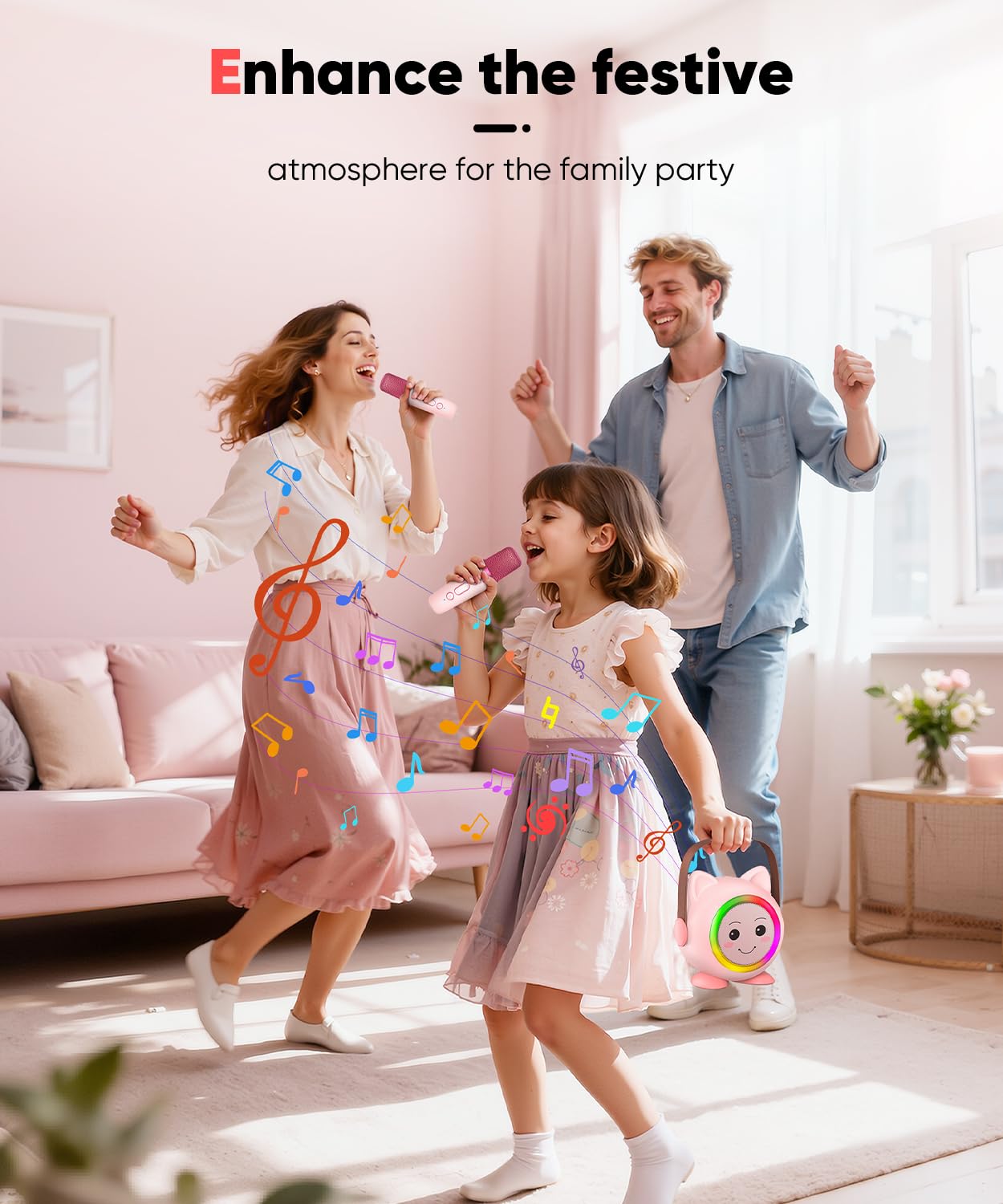 Mini Karaoke Machine Toy for Kids, Portable Karaoke Machine with 2 Wireless Microphone for 4,5,6,7,8,9,10,11,12+ Years Old Christmas Birthday Gifts Girls Boys (Pink)