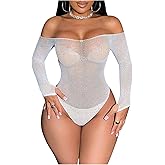 OYOANGLE Women's Off the Shoulder Fishnet Lingerie Bodysuit Long Sleeve Mesh Thong Body Suits