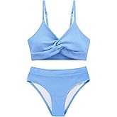 Weixinbuy Girls' Swimsuit Kid Two-Piece V-Neck Bikini Set Spaghetti Strap Twist Cross Bathing Suit Swimwear Size 9-16