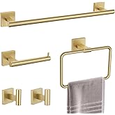 TNOMS Gold Towel Bar Set 5-Piece Brushed Gold Bathroom Hardware Accessories Set Include 23.6in Towel Bar Toilet Paper Holder Towel Ring Towel Hooks,Stainless Steel Towel Holder Set Wall-Mounted