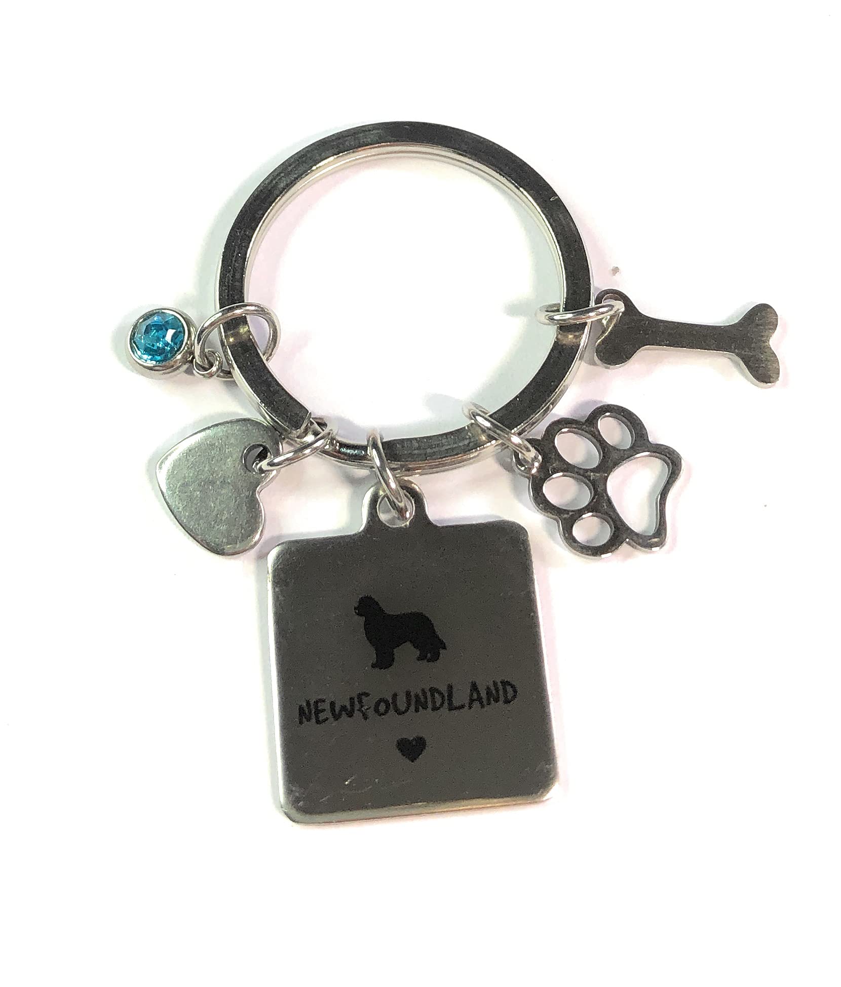 FizzyButton Gifts Newfoundland Puppy Dog Keyring Key Ring with Turquoise Rhinestone and Stainless Steel Bone, Paw and Heart Charms