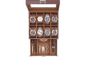 ProCase Watch Case, 8 Slot Mens Watch Box Holder Organizer with Glass Lid, 2-Layer Watches Display Case, Mens Jewelry Box with Drawer, Birthday Christmas Gifts for Men Women -8 Slot, Espresso
