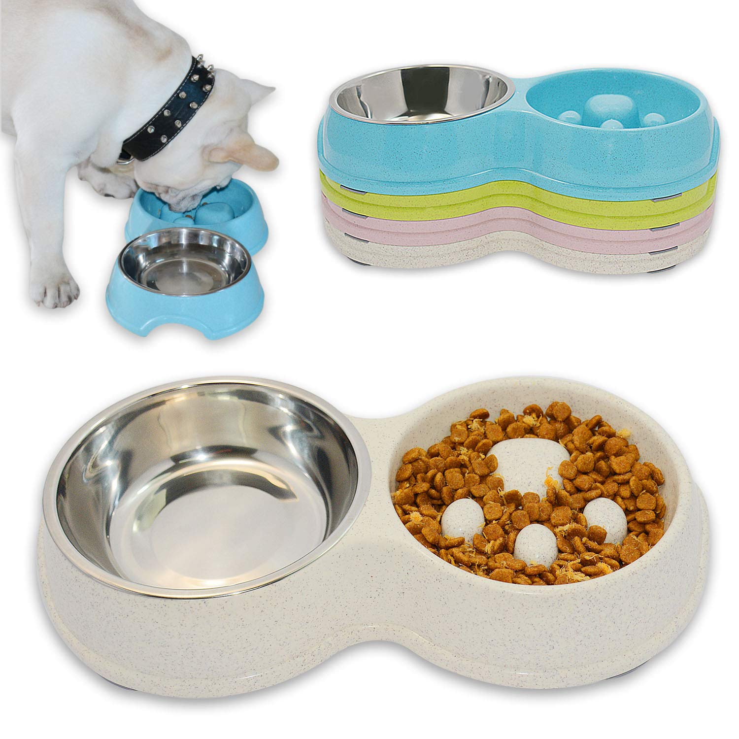 Hifrenchies Dog Slow Eating & Drinking Bowl,Stainless Steel Interactive Slow Feed Dog Bowl for French Bulldog,Slow Down Eating Eco-Friendly pet Bowl for Frenchie (White)