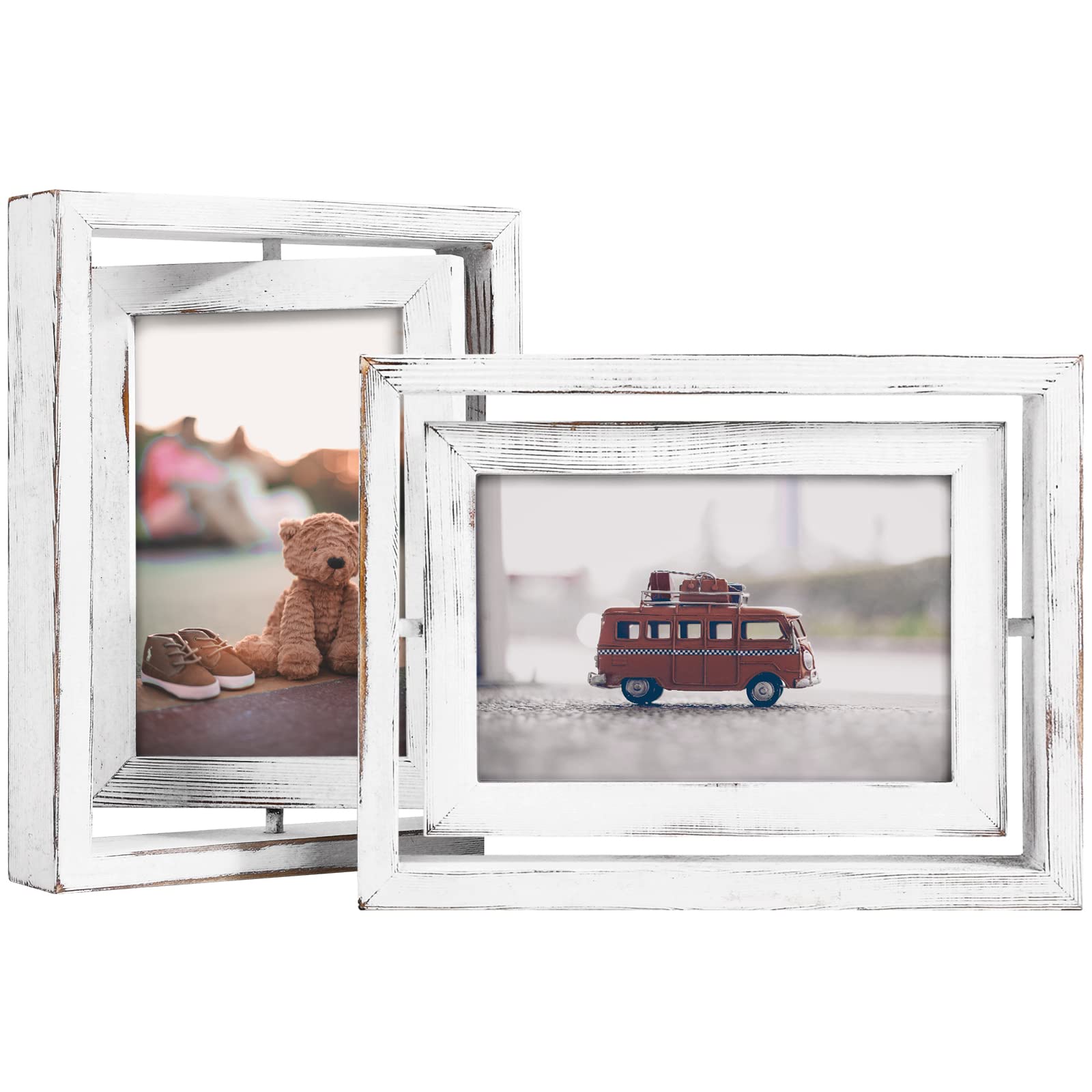 EGOFINE 2 Pack 6x4 Rotating Floating Picture Frames,Double-Sided Display with HD Glass Front Wooden Distressed Frame for Vertical or Horizontal Tabletop Display, White