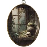 QZQE Gothic Witchy Skull Oval Wall Art Decor Framed, Dark Green Cottagecore Botanical Skull Oval Canvas Prints, Horror Spooky Skeleton Wall Hanging Decor for Home Bedroom Living Room, 8.6x11.4 Inch