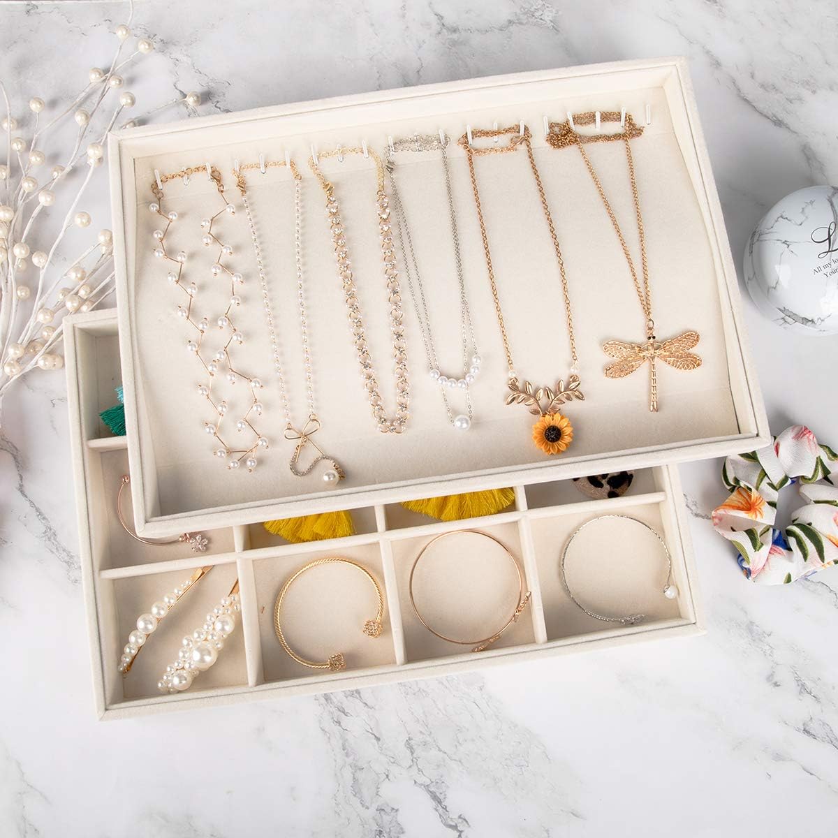 Mebbay Stackable Velvet Jewelry Trays Organizer, Jewelry Storage Display Trays for Drawer, Earring Necklace Bracelet Ring Organizer, Set of 4 (Warm White): Home Improvement