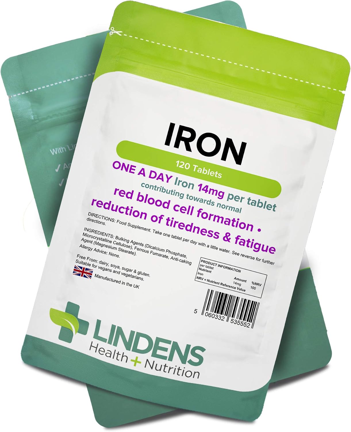 Lindens - Iron 14mg - 120 Vegan Tablets - UK Made - Reduce Tiredness, Increase Energy, White, 1 count (Pack of 120) - Image 5
