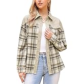 Allegra K Corduroy Shirt for Women Button Down Flannel Jacket Color Block Long Sleeve Plaid Shirts