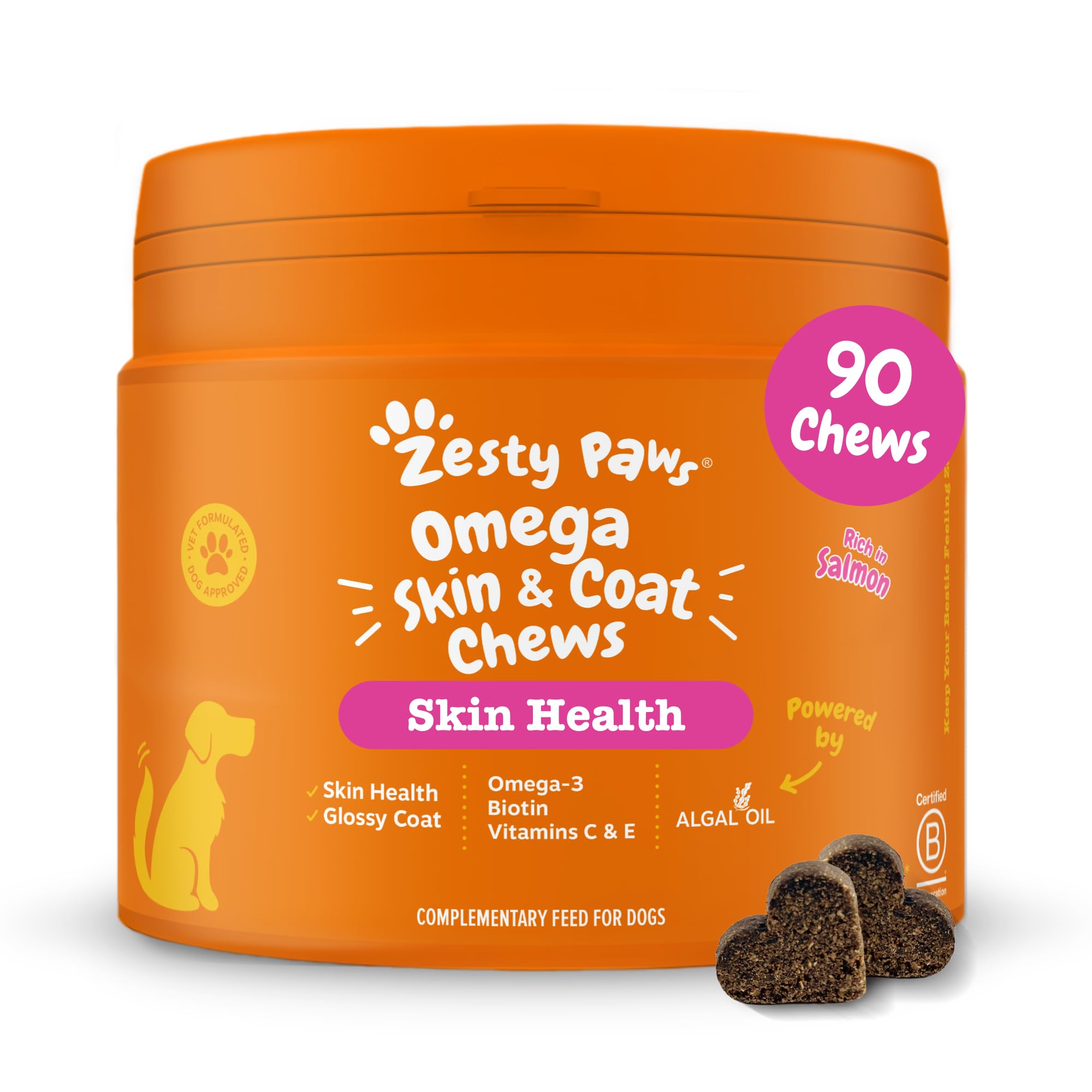 Zesty Paws Omega Skin & Coat Chews for Dogs | Helps Skin, Joint & Heart Health, Healthy & Shiny Coat, Anti-Itch | With Salmon, Omega-3, Biotin, Vitamin C & E, Zinc, Algal Oil | Daily Use | 90 Chews