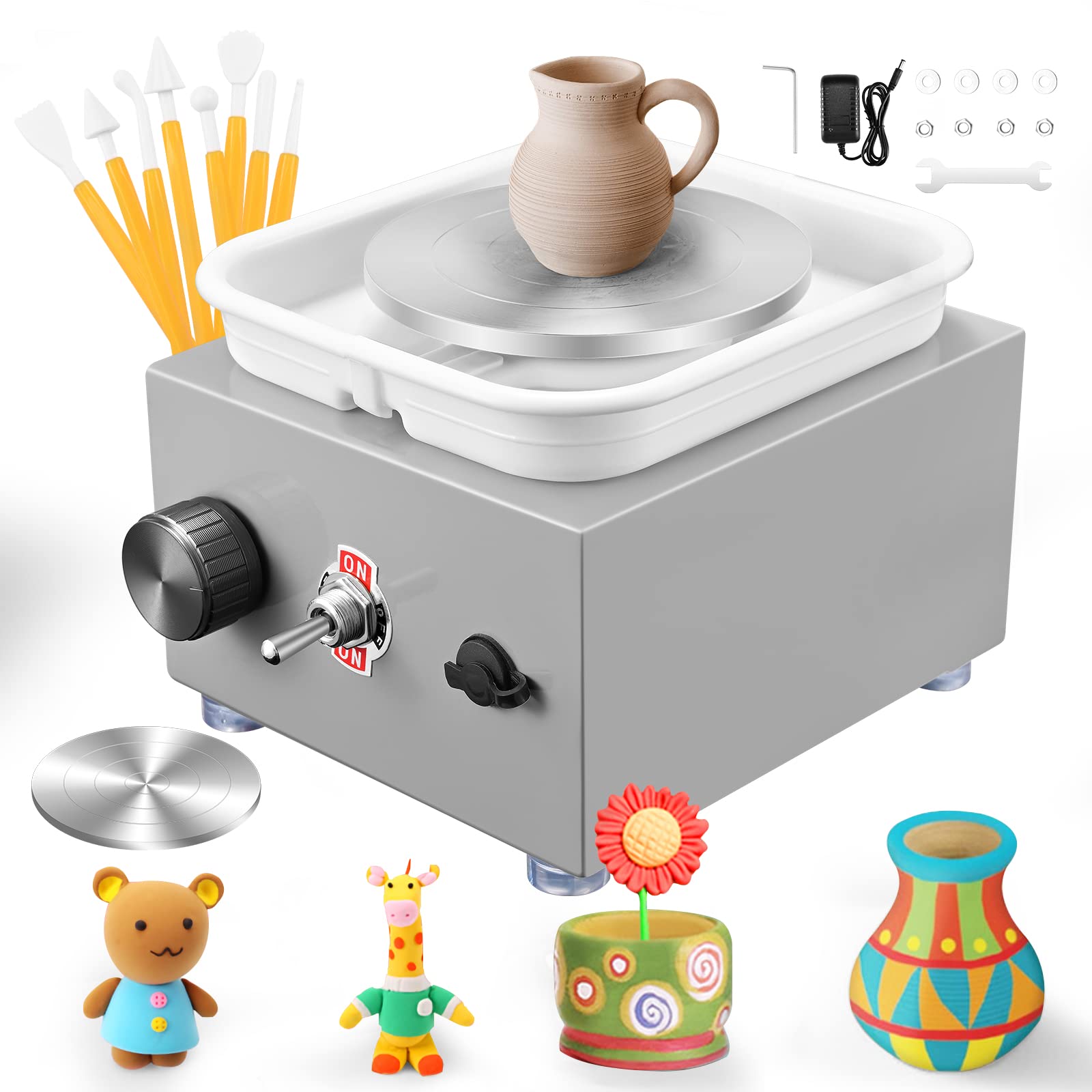 Mini Pottery Wheel 2000RPM Electric Pottery Wheel with Removable ABS Basin and 6.5cm-10cm Turntable Fingertip Clay Wheel Adjustable Speed Clay Tool Machine for Art Craft Gift (Grey)