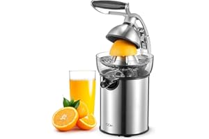 QCen Electric Citrus Juicer Squeezer, Electric Juicer for Orange, Lemon and Limes with Rubber Handle and Two Size Cones, Anti-Drip Spout, Easy to Clean and Use, BPA Free, Black/Stainless Steel