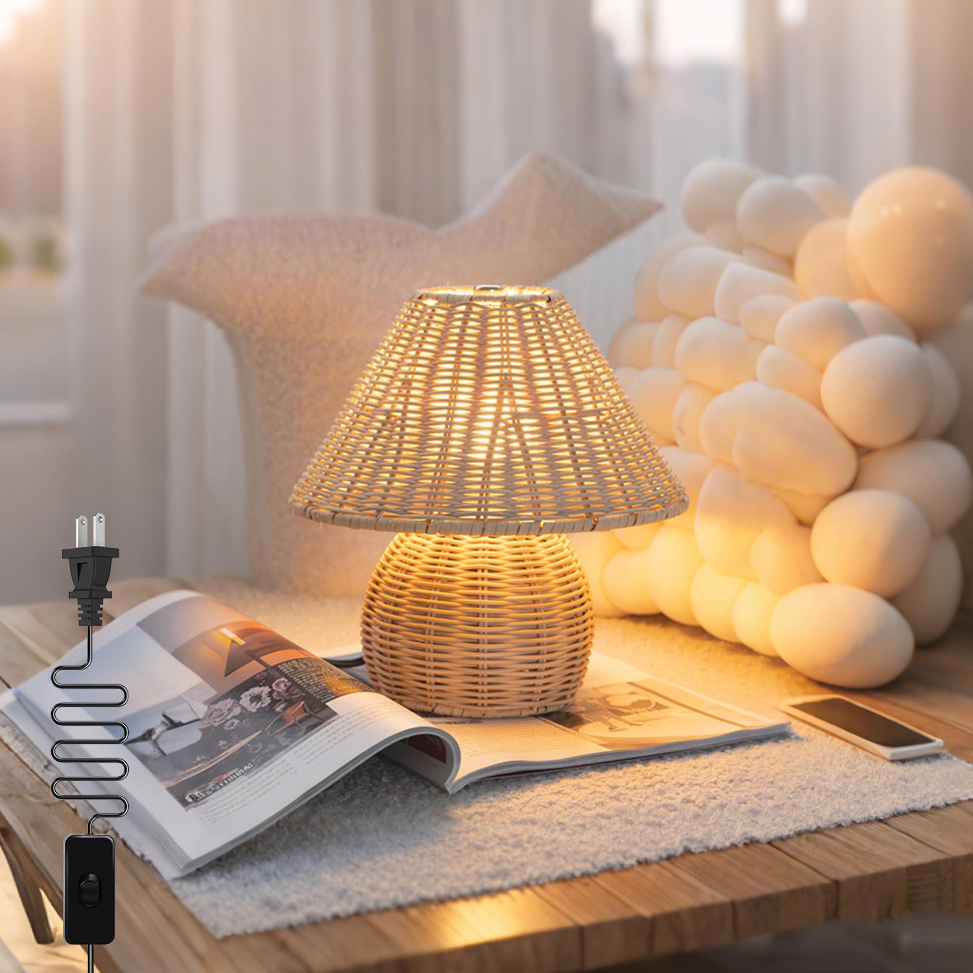 Photo 1 of Quipzora Boho Lamp Rattan Lamps,3 Colors Modes Vintage Wicker Light,Small Table Lights for Bedroom Living Room Home Office Art Decor,7W E26 Bulb Included
