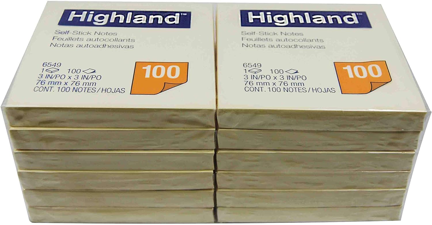Highland Postit Notes, 3" x 3" Sticky Notes, 100 Sheets/Pad, 12 Pads