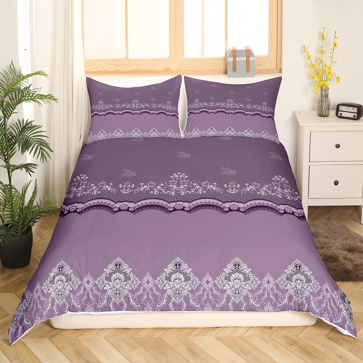 Double Duvet Cover Set Floral Lace Pattern Quilt Cover Set with 2 Pillow Shames Lightweight Soft Microfiber Classic Style Bedding Sets with Zipper Closure and Corner Ties,Purple Lace 3pcs (200x200cm) — image 1