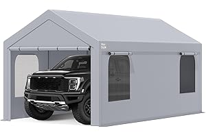 MARS EXPLO Carport, 12 x 20 FT Portable Garage Heavy Duty, Carport Canopy with Side-Opening Door & Roll-Up Windows, Car Canopy Reinforced with Extended Skirt and All Season Tarp for Car, Truck, Boat（Light Gray）