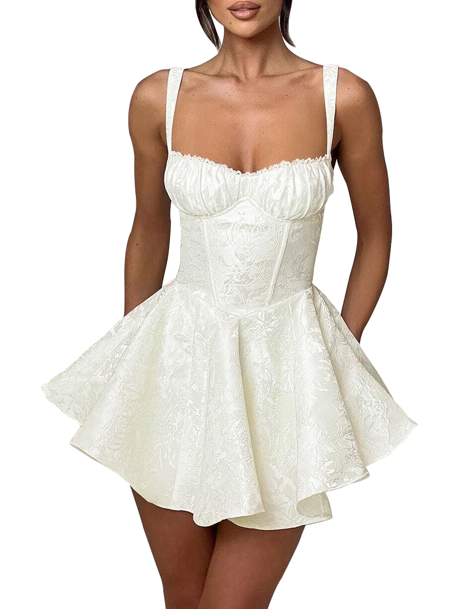 Photo 1 of LuFeng Womens Sweetheart Neckline Satin A-line Spaghetti Straps Jacquard Mini Dress Bow Sleeveless Cocktail Prom Dress White