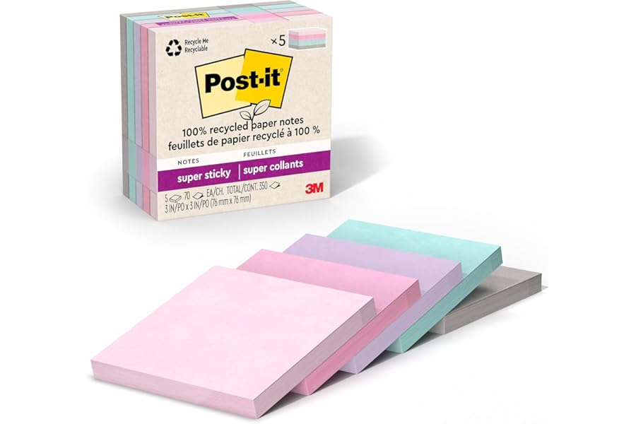 Post-it 100% Recycled Paper Super Sticky Notes, 3 in. x 3 in., 5 Pads, 70 Sheets per Pad, Wanderlust Pastels, School Supplies and Office Products