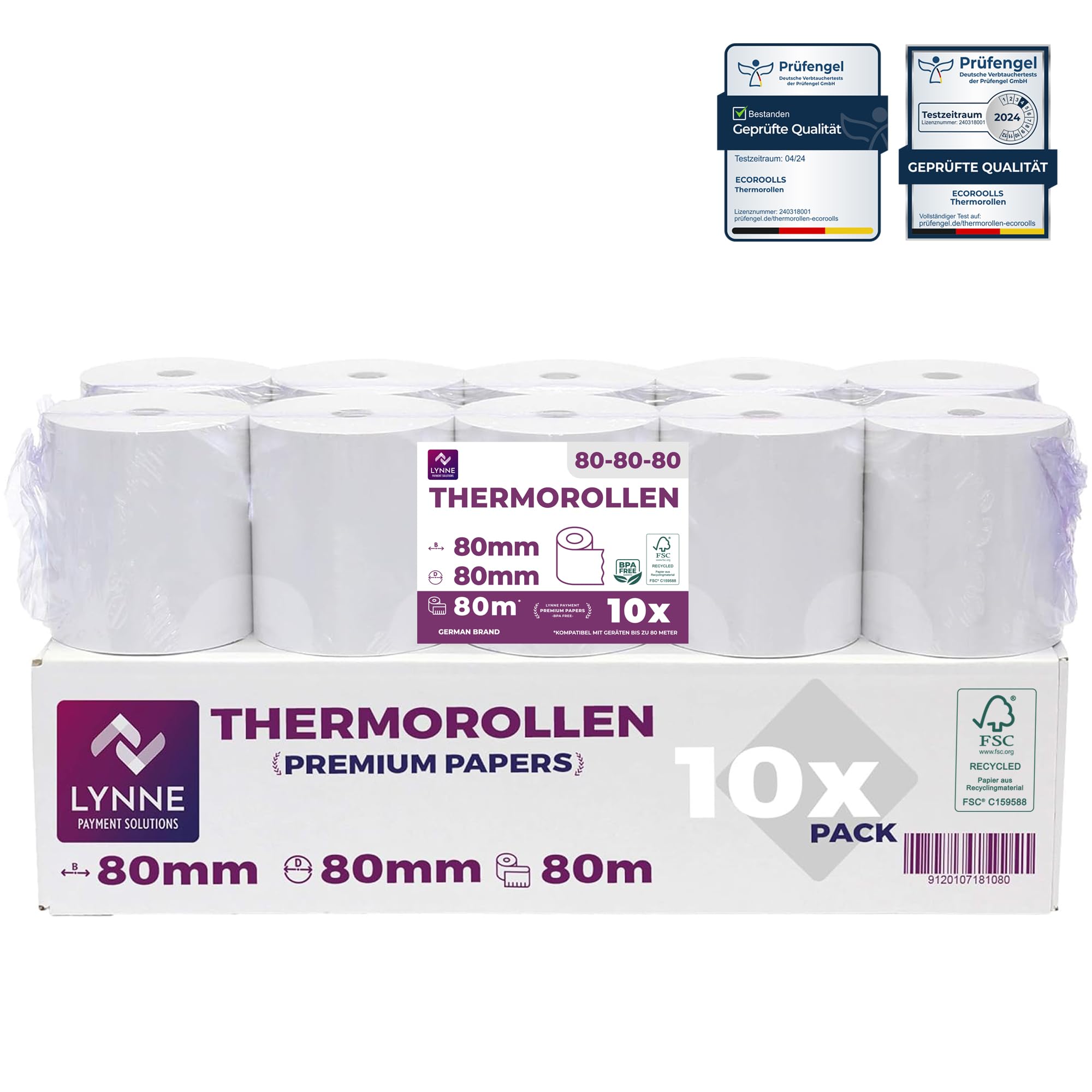 10 x Thermal Rolls - Receipt Rolls - Till Rolls 80 mm x 80 m x 12 mm (80 x 80 x 12) for All Standard Thermal Paper Cash Receipt Printers - BPA Free