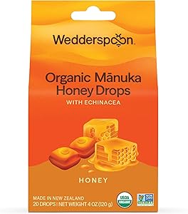 Wedderspoon Organic Manuka Honey Drops, Honey & Echinacea, 20 Count (Pack of 1) | Genuine New Zealand Honey | Perfect Remedy 