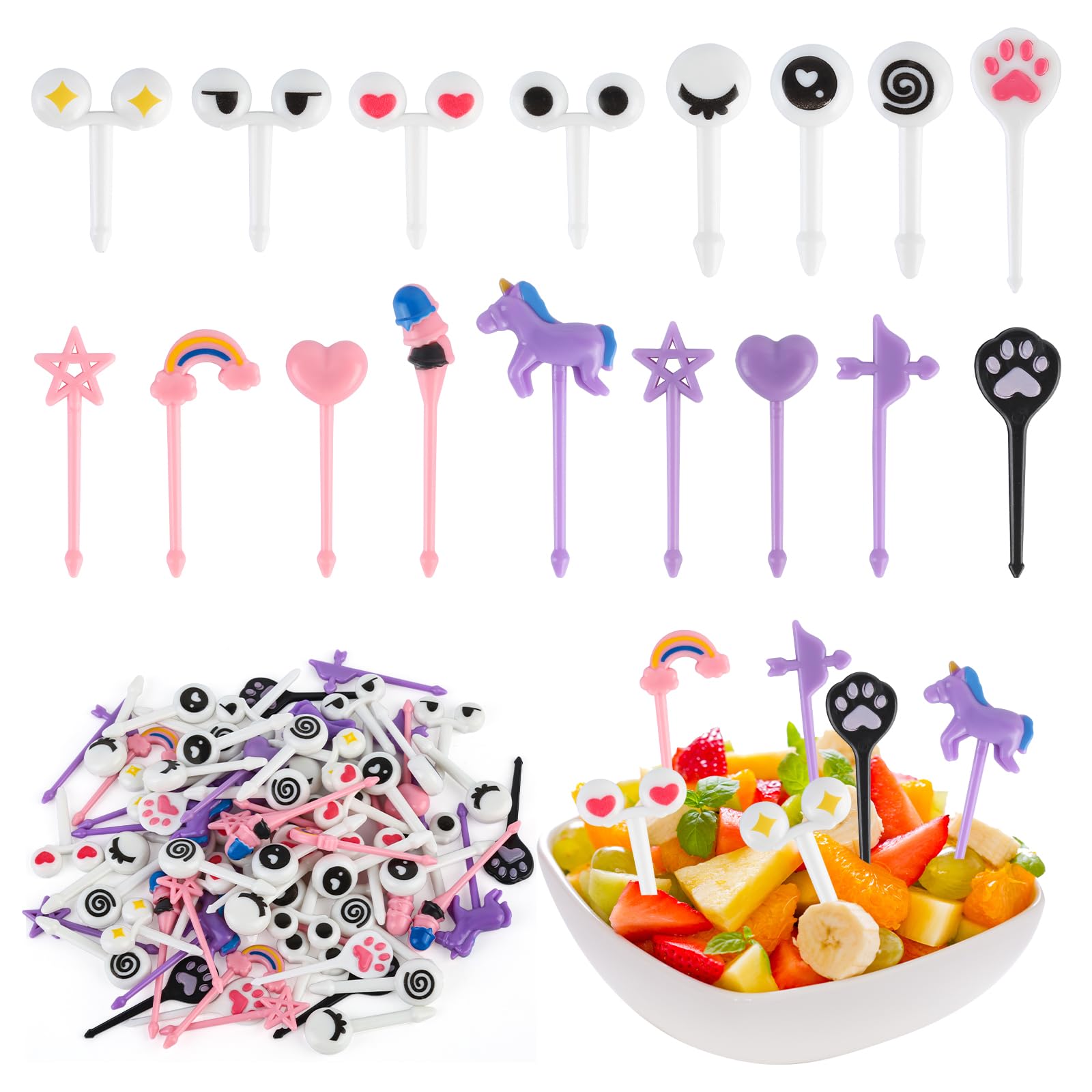 Kayqbonke Pack of 72 Cartoon Fruit Forks Children Made of Plastic, 15 Typology Mini Fruit Skewers Children, Bento Box Accessories Picks Fruit Forks Reusable for Lunch Box Party Afternoon Tea