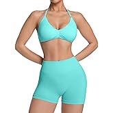 Comper 2 Piece Workout Sets for Women Halter Strappy Sports Bra with Seamless Ribbed Gym Yoga shorts Outfits